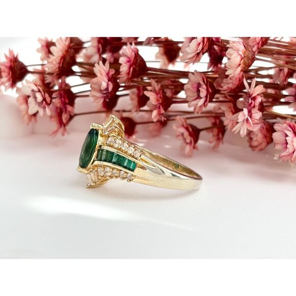 Green Emerald & CZ Wavy Vintage Sterling Silver Gold T Vermeil Ring - sz 10.25 - Picture 6 of 10